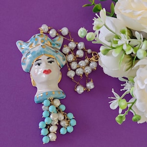Caltagirone ceramic moor&#39;s head necklace, white pearls and turquoise, Sicilian rosary necklace
