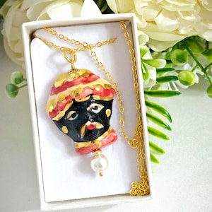 Caltagirone ceramic Moor&#39;s head necklace, gold-plated steel necklace, Sicilian necklace