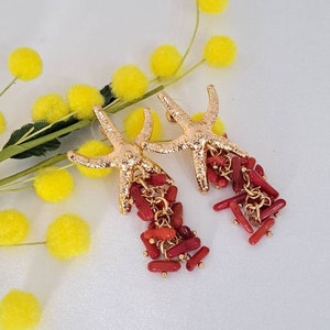 Starfish earrings with red coral cluster, dangle earrings image 4