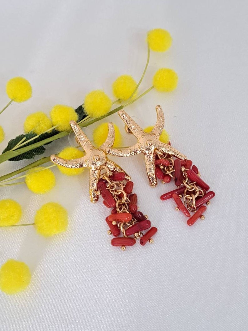 Starfish earrings with red coral cluster, dangle earrings image 4