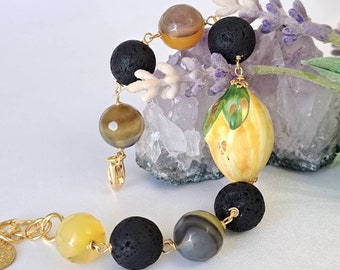 Caltagirone ceramic bracelet, lava stone and yellow agate bracelet, Sicilian bracelet
