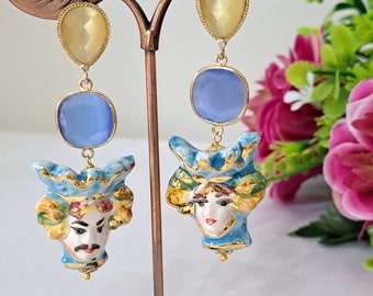 Caltagirone ceramic dark brown earrings, blue and yellow quartz stone earrings, Sicilian earrings