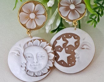 Sun and Moon cameo earrings and cameo flowers in sardonic shell, gold-plated 925 silver earrings, Italian jewelry