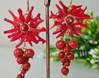 Mediterranean red coral earrings and red coral paste pearls, flower earrings, pendant earrings