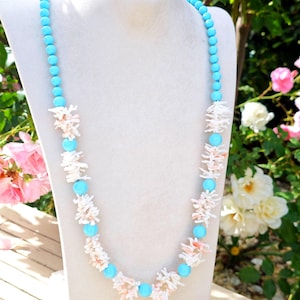 Set of necklace, bracelet and earrings with natural pink coral and turquoise pearls, jewelry set