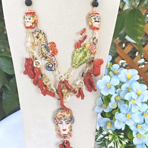 &quot;SICILIA BELLA&quot; necklace with Caltagirone ceramic, natural Mediterranean coral and lava stone, Sicilian necklace