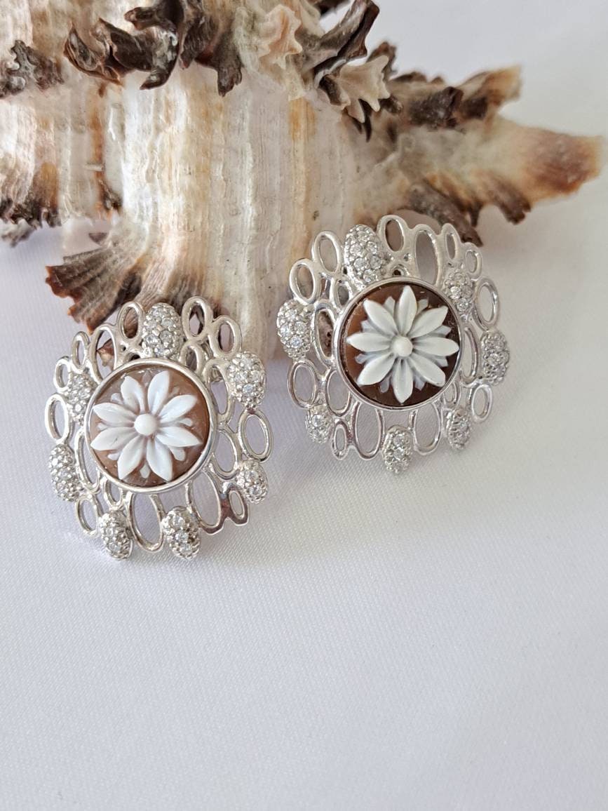 Boucles D'oreilles En Argent 925 Avec Camées Sardoniques Ovales 20mm - Fermoir Papillon, Neuves Avec étiquettes