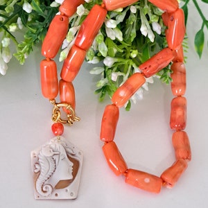 Sardonic shell cameo necklace with red bamboo coral, Italian jewelry image 5