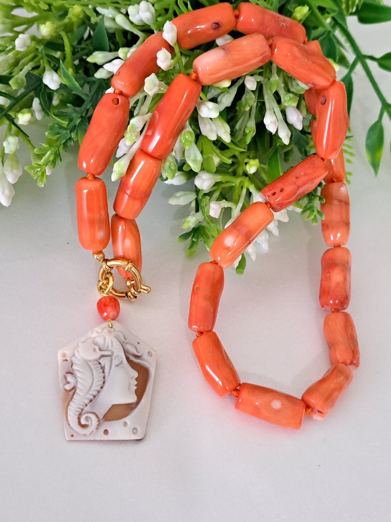 Collier camée coquillage sardonique avec corail bambou rouge, bijoux italiens image 5