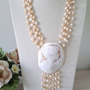 Sardonic shell cameo necklace, white pearl necklace, Italian jewelry image 5