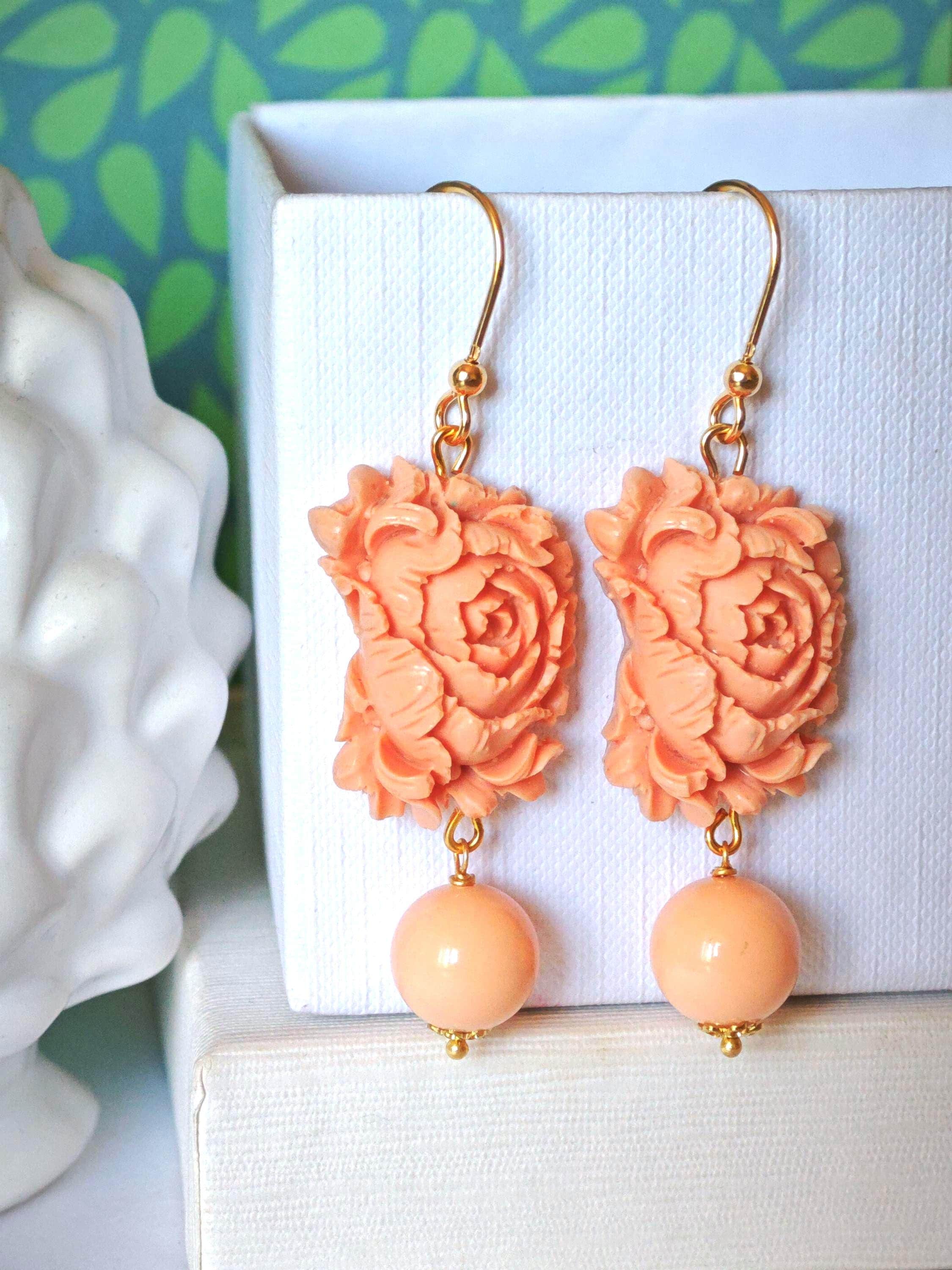 Pink Coral Paste Rose and Pearl Earrings, Silver Earrings, Italian