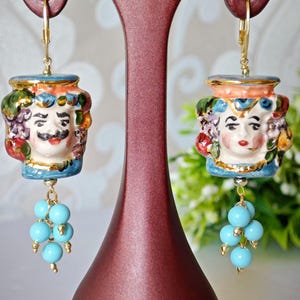 Caltagirone ceramic earrings, turquoise pearl earrings, Sicilian Moor&#39;s head earrings