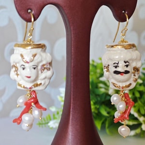 Moorish heads earrings in Caltagirone ceramic with white pearls and natural coral, Sicilian earrings