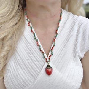Strawberry pendant necklace in Caltagirone ceramic and crystals, Sicilian rosary necklace