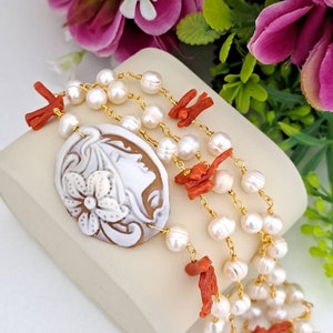 Sardonic shell cameo pendant necklace and white pearl chain, choker necklace