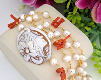 Sardonic shell cameo pendant necklace and white pearl chain, choker necklace