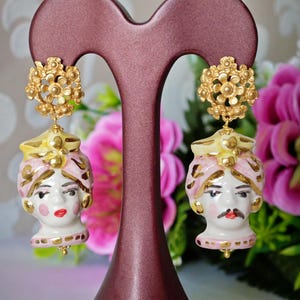 Moorse hoofd oorbellen Caltagirone keramiek, bloemen oorbellen, Siciliaanse oorbellen, maxi oorbellen