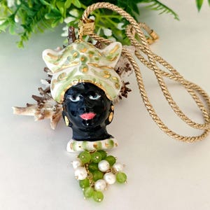 Caltagirone ceramic Moor&#39;s head rope necklace with white pearls, Sicilian necklace