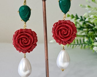 Pendant earrings with red roses and white drop pearls, malachite earrings