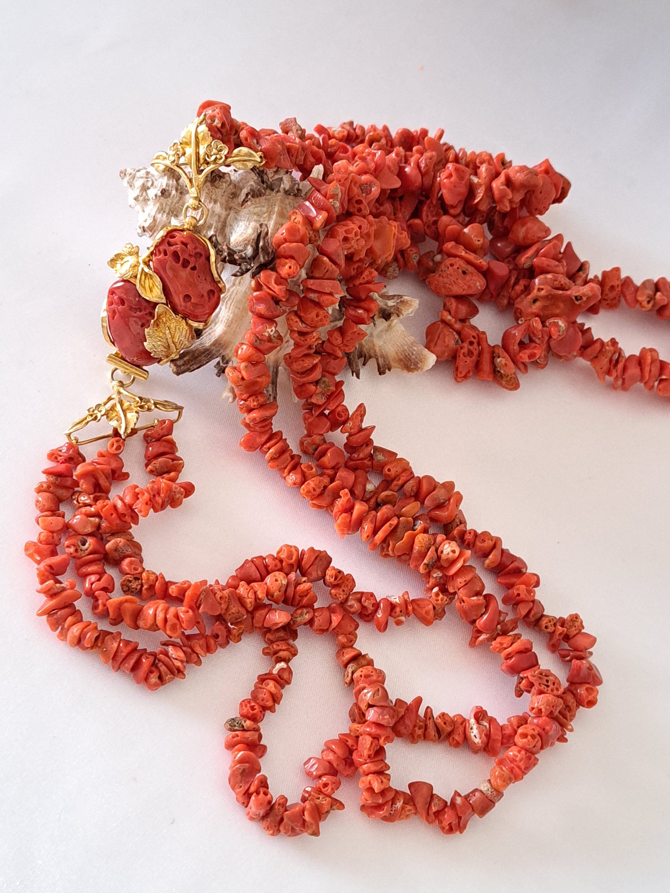 Natural Mediterranean Red Coral Necklace and Gold-plated 925