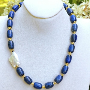 Lapis lazuli and white baroque pearls semiprecious stone necklace, modern choker necklace