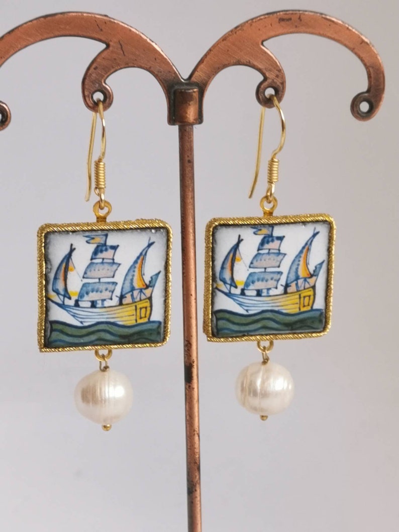 Sicilian earrings Caltagirone ceramic earrings white and silver pearls