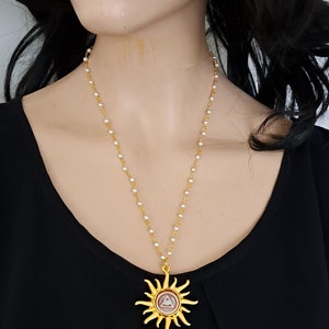 Sardonic shell cameo pendant necklace and white pearl chain, choker necklace