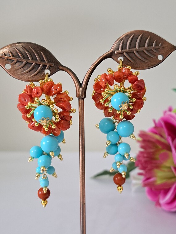 Mediterranean Red Coral Earrings and Turquoise Paste Pearls