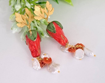 Caltagirone ceramic earrings, Mediterranean red coral and white pearls, Sicilian earrings