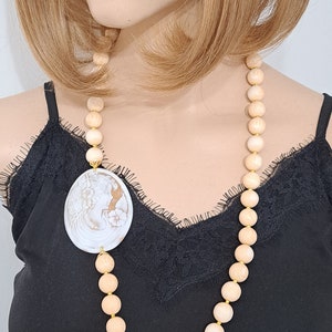 Sardonic shell cameo necklace, ivory pearl necklace, Italian jewelry