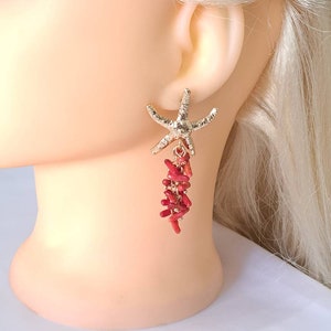 Starfish earrings with red coral cluster, dangle earrings image 2