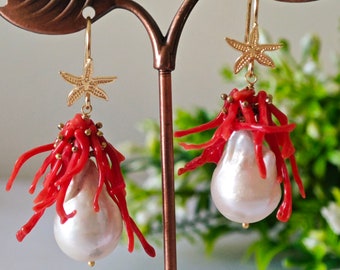White baroque pearl, Mediterranean red coral, and starfish earrings in gold-plated 925 silver