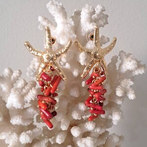 Starfish earrings with red coral cluster, dangle earrings image 5