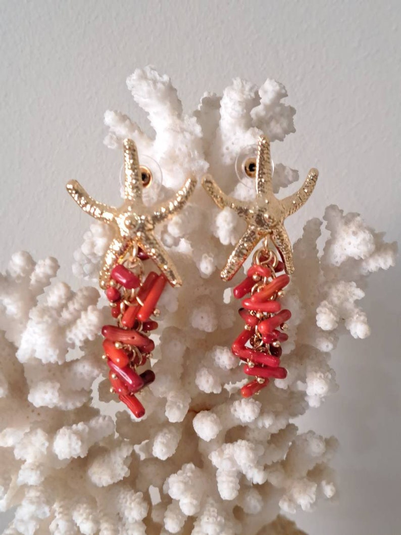 Starfish earrings with red coral cluster, dangle earrings image 5