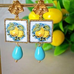 Caltagirone keramische oorbellen, turquoise oorbellen, Siciliaanse oorbellen