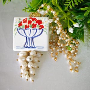 Caltagirone ceramic tile necklace with white pearls, Sicilian rosary necklace