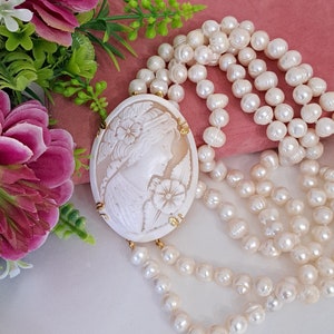 Sardonyx shell cameo necklace, 2-strand necklace with white pearls and 925 silver, Italian jewelry