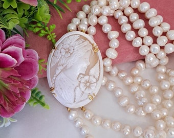Sardonic shell cameo necklace, 2 strand necklace with white pearls and 925 silver, Italian jewelry