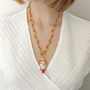Moor&#39;s head pendant necklace in Caltagirone ceramic and crystals, Sicilian rosary necklace