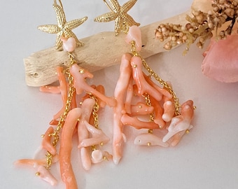 Natural salmon pink coral earrings, gold plated 925 silver starfish earrings, Italian jewels