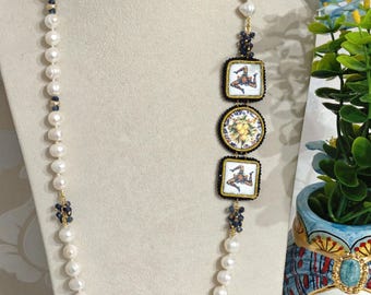 Caltagirone ceramic tile necklace, white pearl necklace, Sicilian necklace