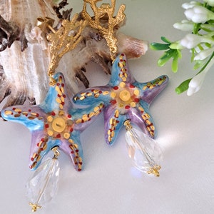 Caltagirone ceramic starfish earrings, crystal drop earrings, Sicilian earrings