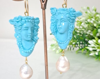 Turquoise cameo earrings with white baroque pearls, 925 silver earrings, Italian jewelry