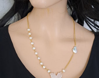 Sardonic shell cameo necklace with white pearls, Italian jewelry