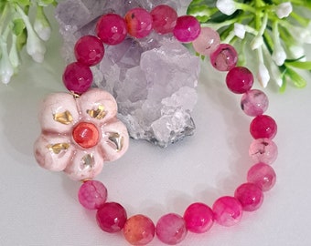 Caltagirone ceramic elastic bracelet, pink agate semiprecious stone bracelet, Sicilian bracelet