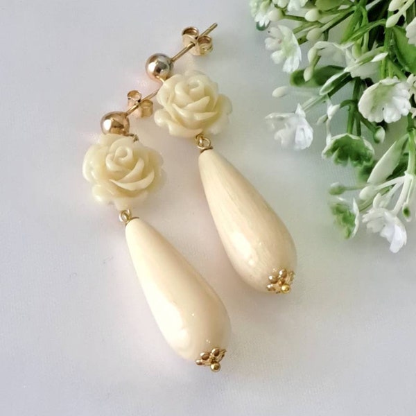 White rose earrings and ivory paste drops, gold-plated 925 silver earrings