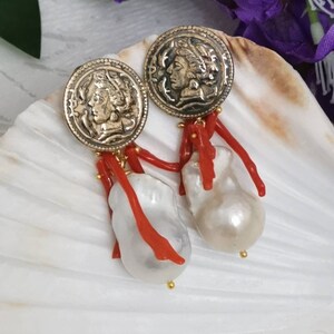 Baroque pearl and coral earrings, 925 silver coin earrings, Italian jewelry