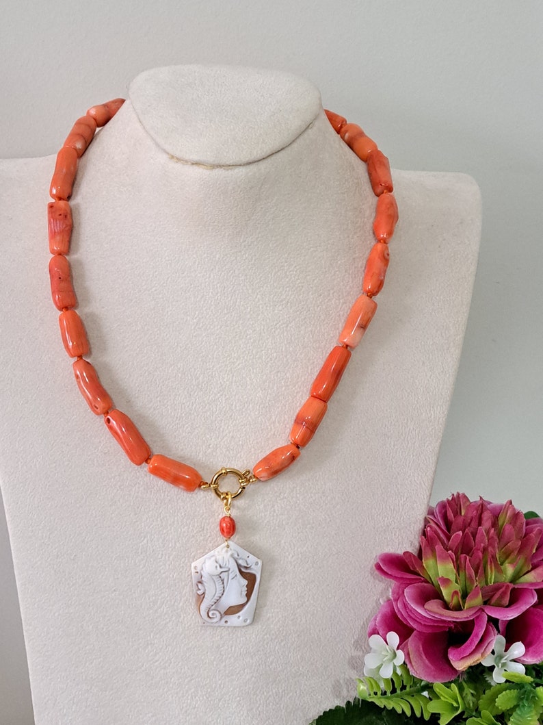 Sardonic shell cameo necklace with red bamboo coral, Italian jewelry image 2