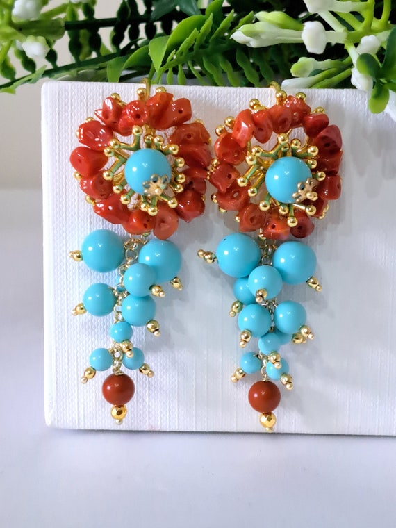 Mediterranean Red Coral Earrings and Turquoise Paste Pearls
