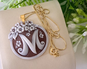 Necklace with initial your name, sardonic shell cameo and gold-plated 925 silver chain, Italian jewelry